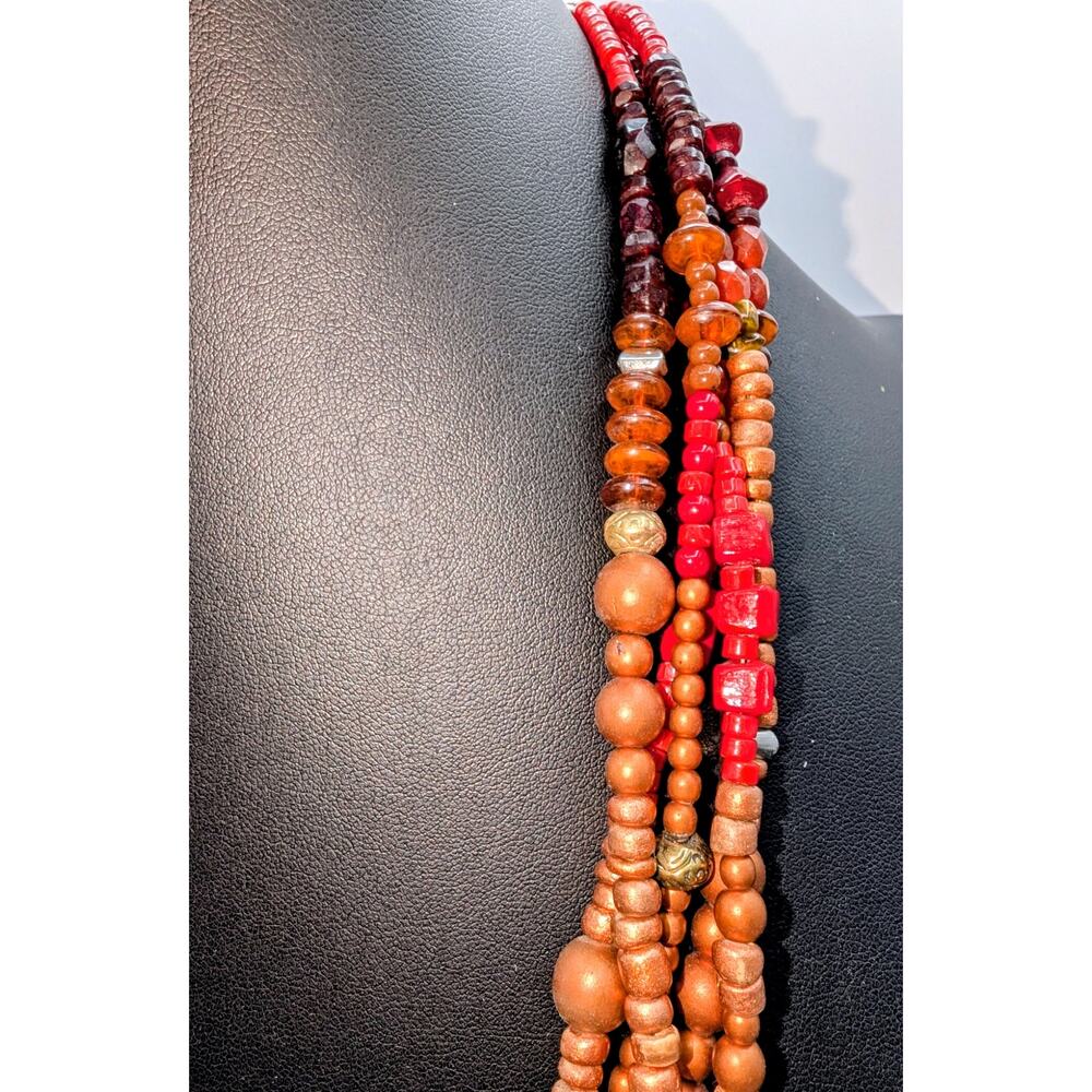 Chico's Five Strand Red Gold Silver Bronze Purple Stone Bead 22"-26" Necklace - Picture 6 of 11
